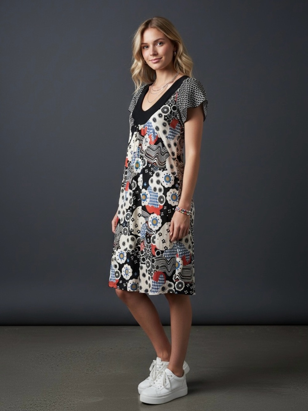 Gibson Y2K Whimsigoth Mixed Print Floral Polka Dot Dress Small